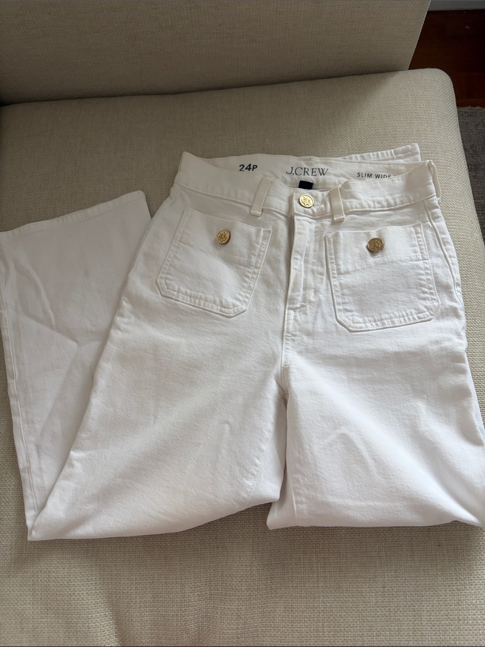 J. Crew White High-Rise Slim Wide Jeans with Gold Buttons